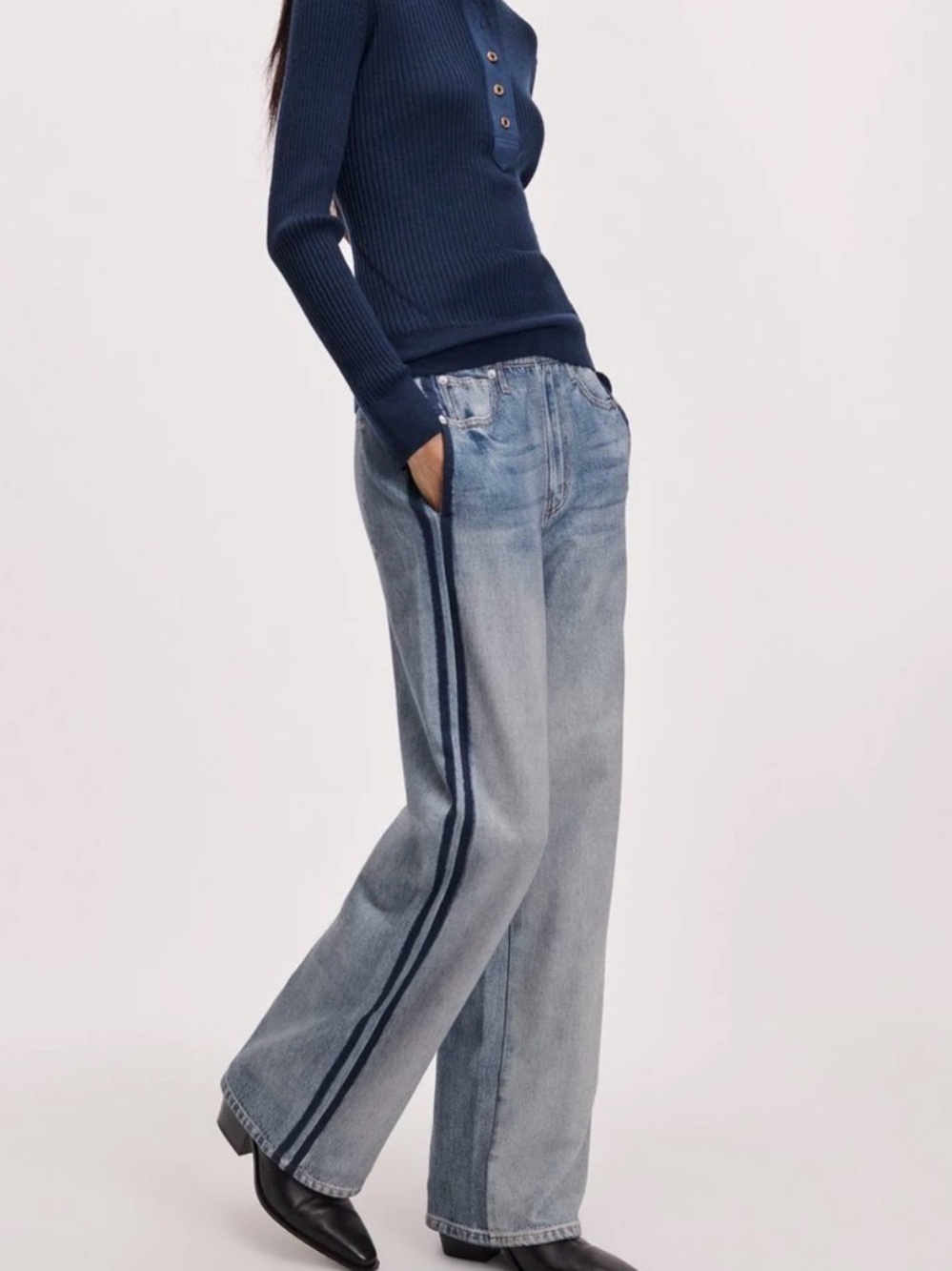 rag & bone Light Blue Wide-Leg Jeans with Navy Side Stripe